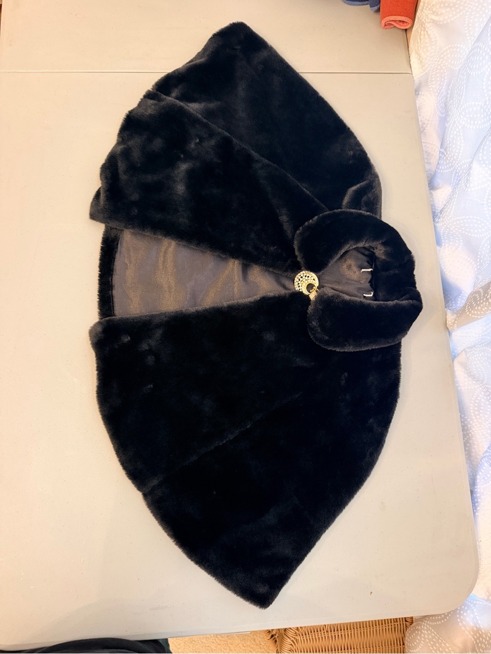 Black Faux Fur Capelet with Gold Brooch - Women Accessories